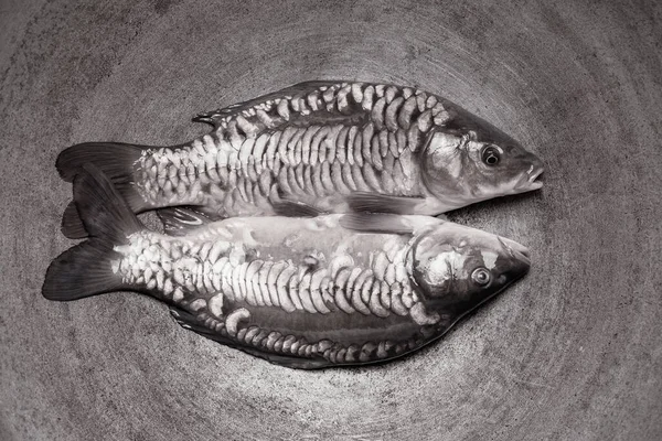 大きな金属製の鍋で新鮮な魚の川鯉の眺め — ストック写真