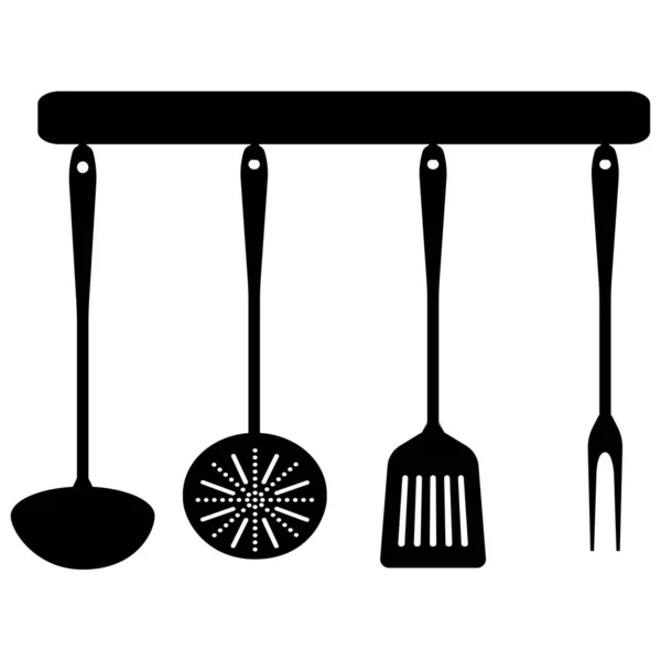 Utensili da cucina su una gruccia - frusta, mestolo, spatola, schiacciapatate. Illustrazione vettoriale isolata su sfondo bianco. — Vettoriale Stock