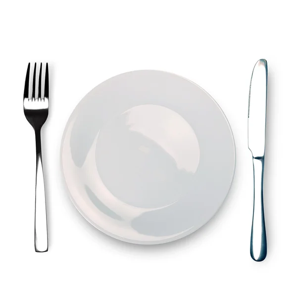 Knife, white plate and fork — Stock Photo, Image