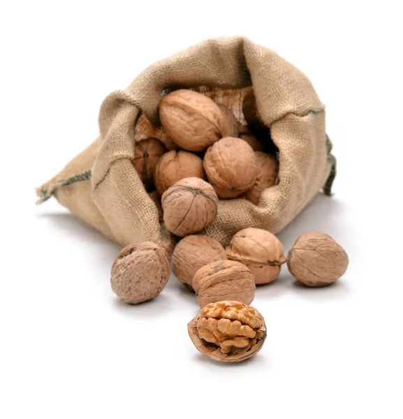 Walnuts and a bag — Stock Photo, Image