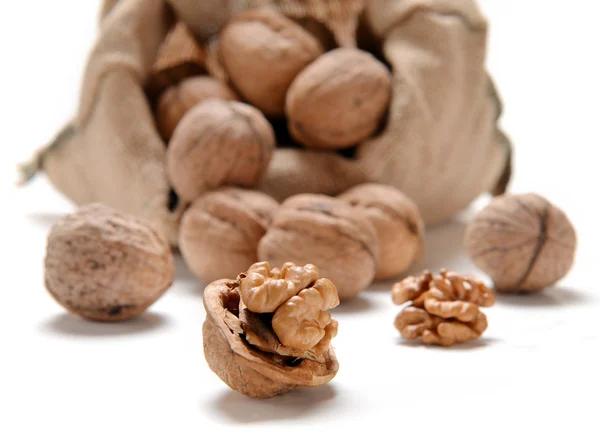 Nueces y una bolsa — Foto de Stock