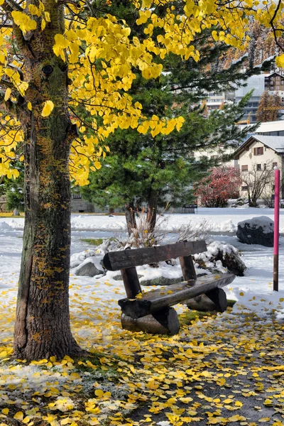 Lavička v parku s žlutými listy a sníh — Stock fotografie