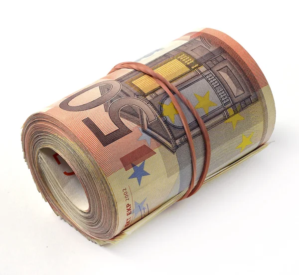 Nota de 50 euros dobrada em rolo — Fotografia de Stock