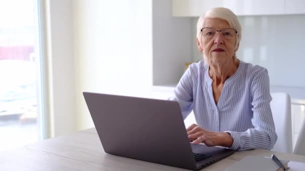 Senior mulher idosa madura trabalhando no laptop em casa de cozinha no escritório. senhora assistindo treinamento de negócios, webinar on-line no computador. trabalho remoto ensino à distância social a partir de casa. Mulher dos anos 60 — Vídeo de Stock