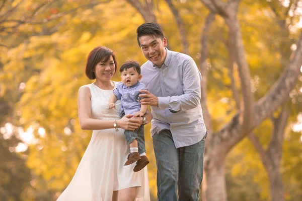 Asiático jovem família se divertindo ao ar livre no outono — Fotografia de Stock