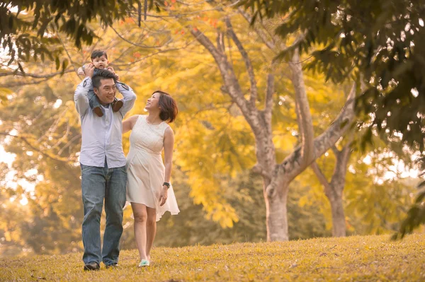 Asiatiska unga familjen ha roligt utomhus på hösten — Stockfoto