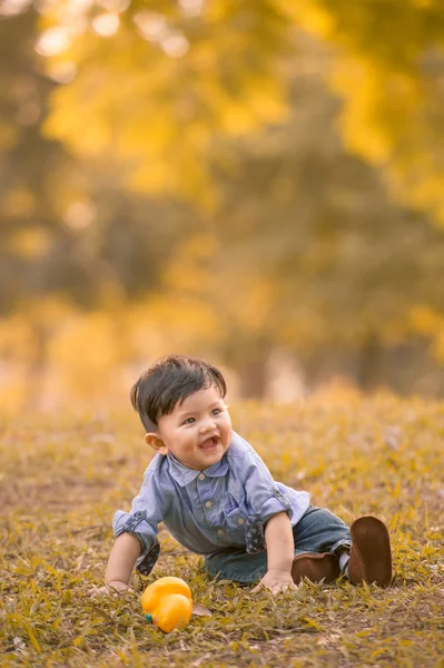 Asiático 10-meses viejo chico tener divertido al aire libre —  Fotos de Stock