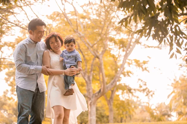 Asiatico giovane famiglia having divertimento all'aperto in autunno — Foto Stock