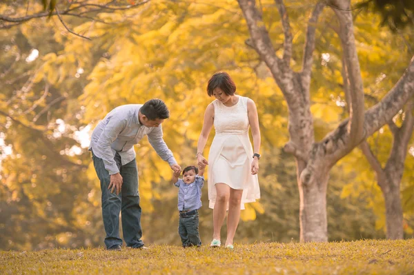 Asyalı genç aile sonbaharda dışarıda eğleniyor — Stok fotoğraf