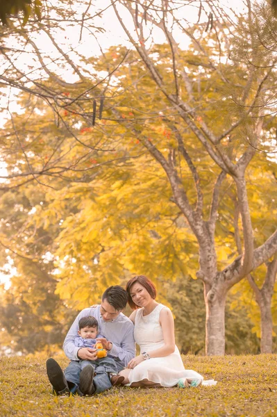 Asiatico giovane famiglia having divertimento all'aperto in autunno — Foto Stock