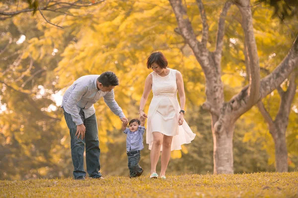 Asyalı genç aile sonbaharda dışarıda eğleniyor — Stok fotoğraf