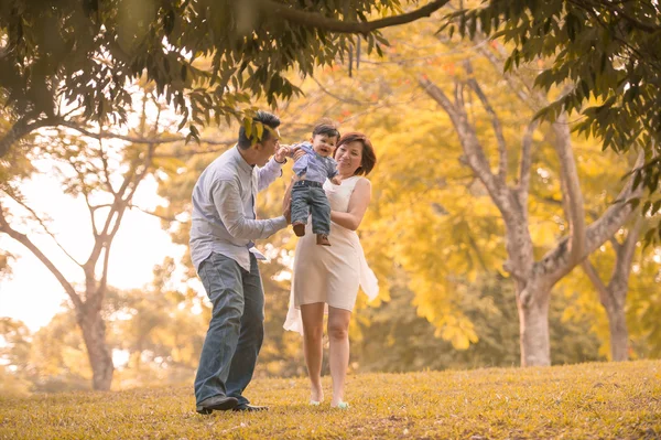 Asiático joven familia tener divertido al aire libre en otoño — Foto de Stock