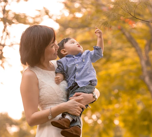 Asyalı genç aile sonbaharda dışarıda eğleniyor — Stok fotoğraf