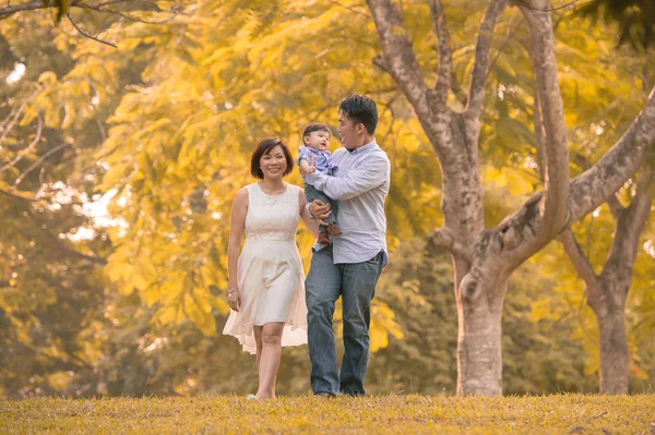 Asiatiska unga familjen ha roligt utomhus på hösten — Stockfoto