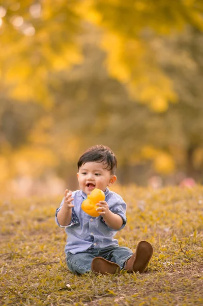 Asiático 10-meses viejo chico tener divertido al aire libre —  Fotos de Stock