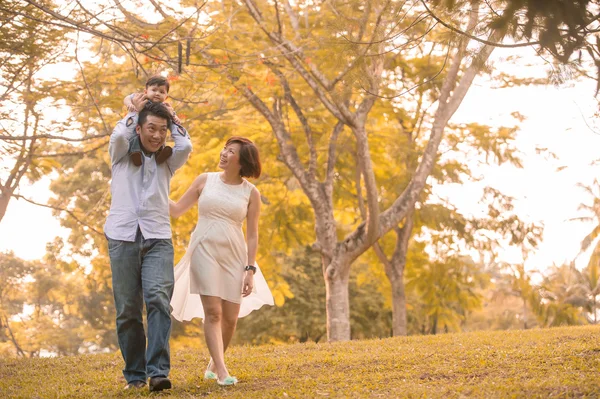 Aziatische jonge gezin plezier buiten in de herfst — Stockfoto