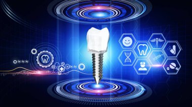 Diş İmplantı Sanal Gerçeklik Sanal Gerçeklik 3D grafikleri etrafında tıbbi simgelerle dönen diş implantı modelini gösteriyor
