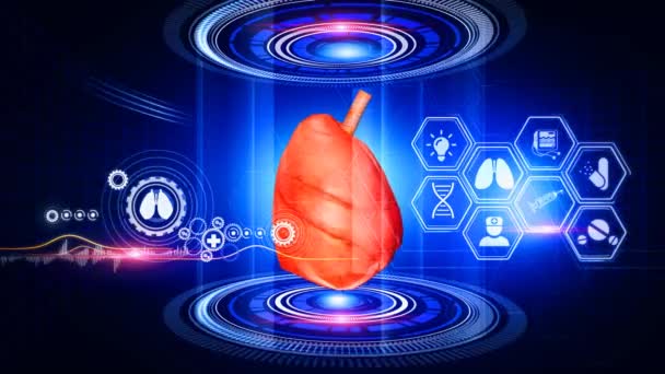 人体隆氏系统虚拟现实一个虚拟现实3D图形显示了周围有医学图标的旋转人类肺系统模型 — 图库视频影像