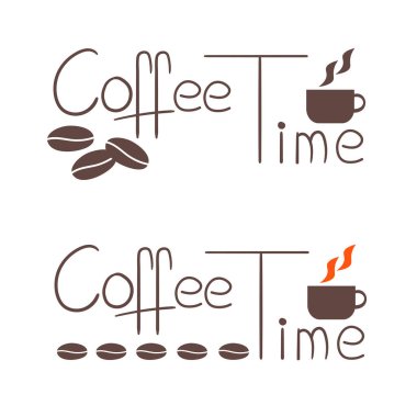 Kahve zamanı ve mola. Kahverengi renkli fincanlar, iş için kalp şeklinde buhar, kafe, broşür, çıkartma.