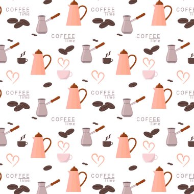 Farklı kahve fincanları, tencere ve kahve makineleri. Kusursuz desen. Kafe veya mutfak vektörü duvar kağıdı için kahve elementi
