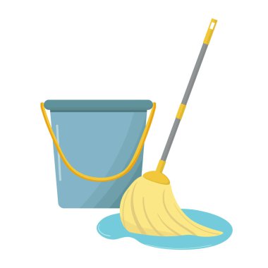 Vector mop and bucket. Floor mopping concept for housework design. Cleaning service banner. Domestic hygiene household.