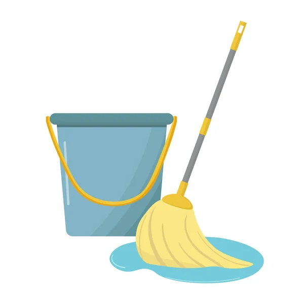 Vector mop and bucket. Floor mopping concept for housework design. Cleaning service banner. Domestic hygiene household. — Stock vektor