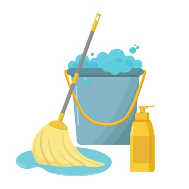 Temizlik ya da ev işleri ve bakım dairesi. Köpüklü kova, paspas ve deterjan şişesi.