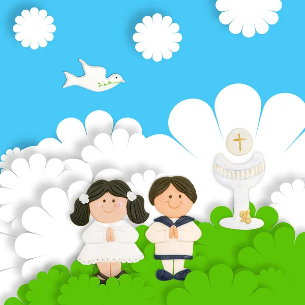 Kartu komuni pertama lucu, coklat sepasang anak-anak — Stok Gambar Kartu komuni pertama lucu, coklat sepasang anak-anak Stok Foto Bebas Royalti