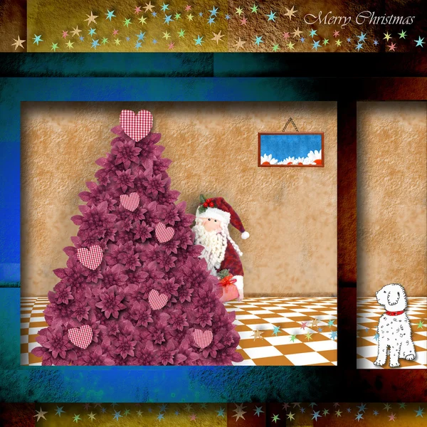 Funny tarjeta de Navidad de Santa Claus dejando regalos —  Fotos de Stock