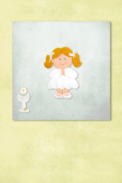 Blondes Mädchen zur Erstkommunion Einladungskarte — Stockfoto