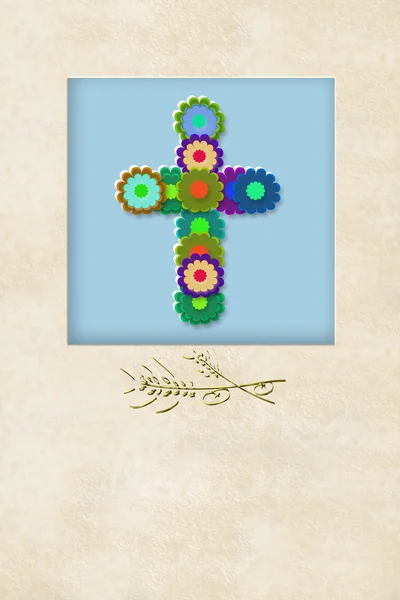 Cheerful flowers cross communion invitation card — Stock Photo, Image