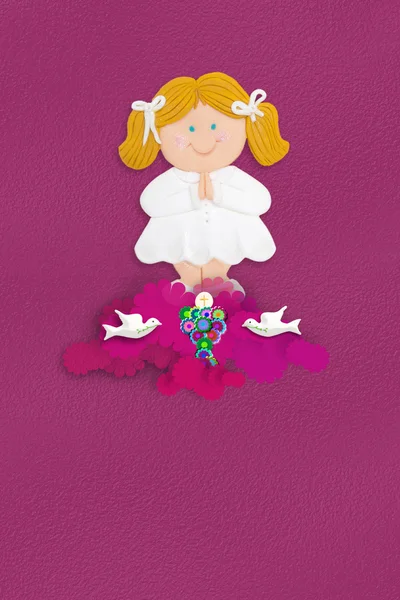 Blonde girl First Communion greeting card — Stock Photo, Image