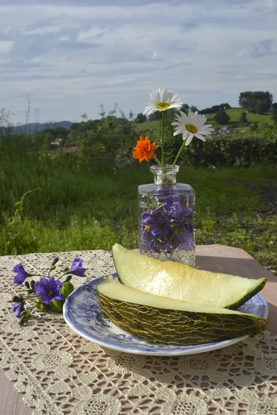 Sliced melon in a table in the countryside — Stock Photo, Image