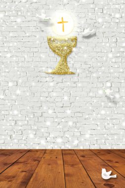 İlk komünyon arka planı, Hıristiyan sembollerinin çocuksu bir şekilde kullanıldığı dikey köy sahnesi.