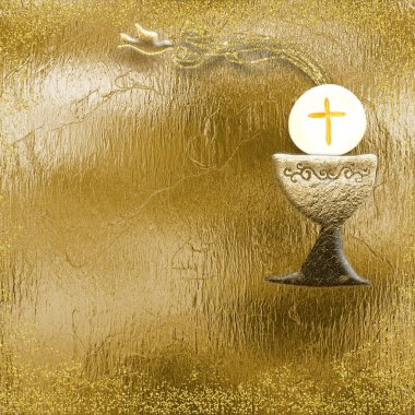 İlk kutsal komünyon davetiyesi. Altın kadeh ve fove altın kare arkaplan üzerinde kopya alanı ile metin ve fotoğraf.