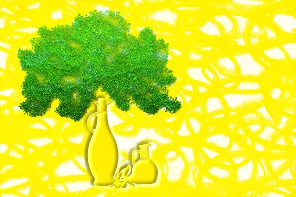 エキストラバージンオリーブオイル オリーブの木と透明な瓶 黄色と白の背景にカラフルなフリーハンドの図面 マーケティングのためのアイデアのコンセプト — ストック写真