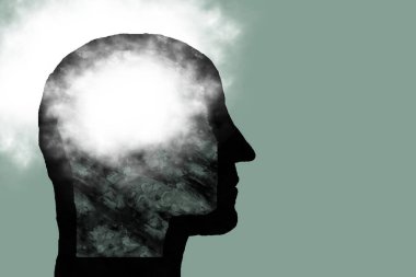 Zihinsel sağlık broşürü, depresyon, olumsuz düşünceler. Bir adamın kafasının silueti. Bilimsel tıbbi tasarımlar. Grunge fırça çizimi.