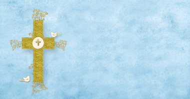 Tasarım için Hıristiyan sembolü. İsa 'nın Haçı ve mavi arka planda iki güvercin ve metin ve fotoğraflar için boş alan