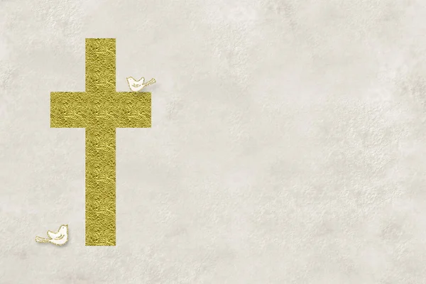 カトリックの背景 金の葉のシンプルな十字架とメッセージのための空のスペースとベージュ紙の背景に2羽の小さな鳥 — ストック写真