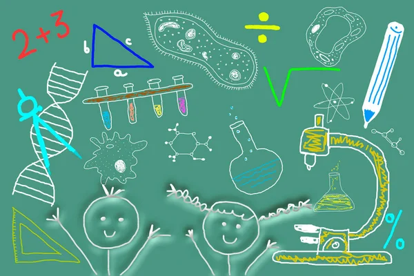 Образование Научной Школе Счастливые Мальчик Девочка Окружении Науки Математики Рисунки — стоковое фото
