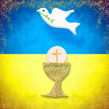 Dua, dua, Ukrayna halkı için dini hizmet. Ukrayna bayrağında Altın Kadeh ve beyaz güvercin.