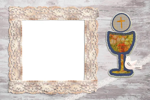 First Communion Card Empty Picture Frame Cheerful Vintage Background Religious — Stockfoto