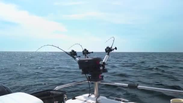 Three Fishing Rods Hooked Spinners Rigged Fishing Lines Out Water — Stock Video