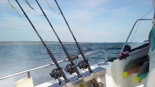 Tre Fiskespön Kopplade Upp Sig Med Spinnare Redo För Fiske — Stockvideo