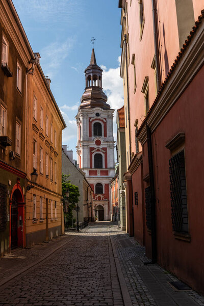 Poznan, Poland. July 11, 2021. Editorial picture of one of the towers in the Poznan Fara church. The full name of the church is Basilica of Our Lady of Perpetual Help, Mary Magdalene and Saint Stanislaus.