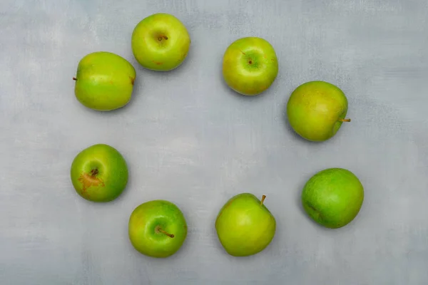 Still Life Photo Fresh Green Ripe Apples Grey Rustic Table — Stockfoto