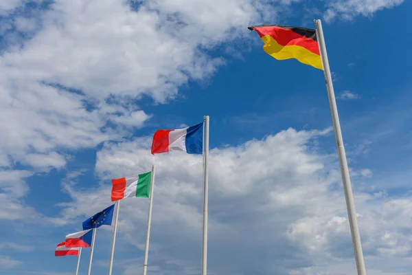 Austrian French German Czech Italian Flags Waving Wind Beautiful Sunny — Stok fotoğraf