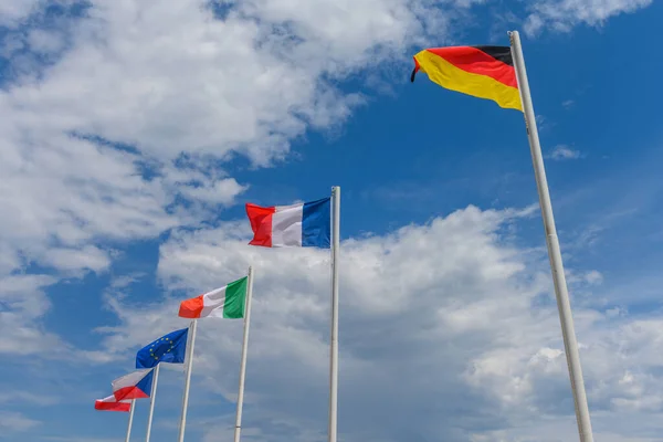 Austrian French German Czech Italian Flags Waving Wind Beautiful Sunny — Stockfoto