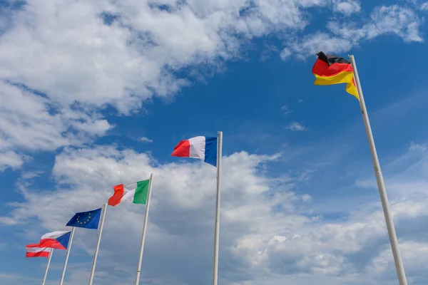 Austrian French German Czech Italian Flags Waving Wind Beautiful Sunny — Fotografia de Stock