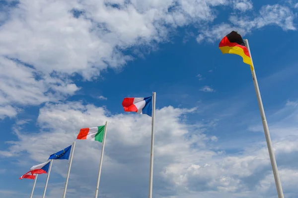 Austrian French German Czech Italian Flags Waving Wind Beautiful Sunny — 스톡 사진